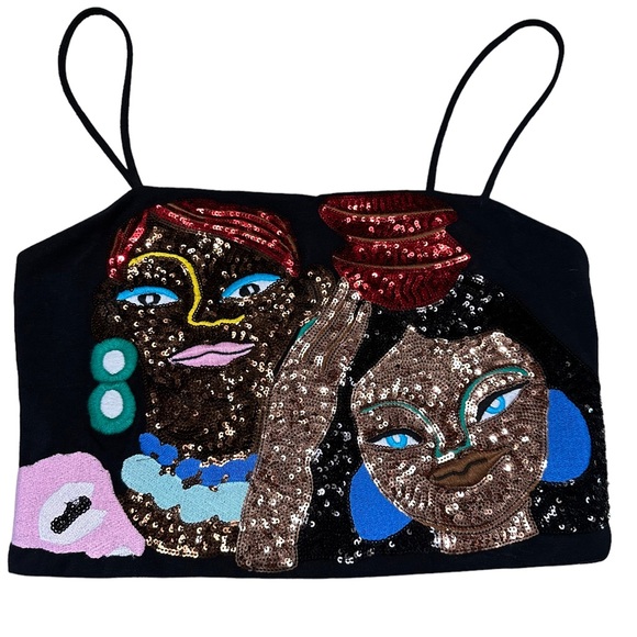 Zara Tops - Zara Colorful Sequined Women’s Faces Spaghetti Straps Crop Top